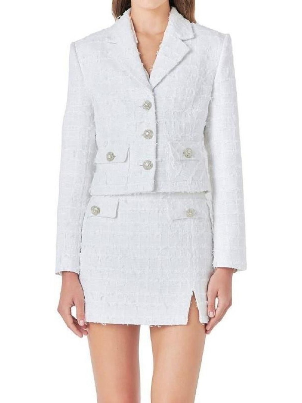 Endless Rose White Tweed Cropped Blazer with Gold Buttons